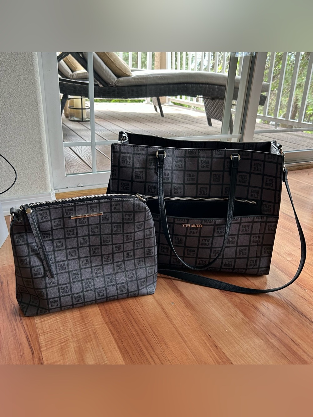 NWOT Steve Madden Tote Bag Set in Grey Large Travel Faux Leather Purse & Pouch